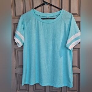 Unbranded Aqua Tee SzL Light Weight Nautical White Bands On Short Sleeves